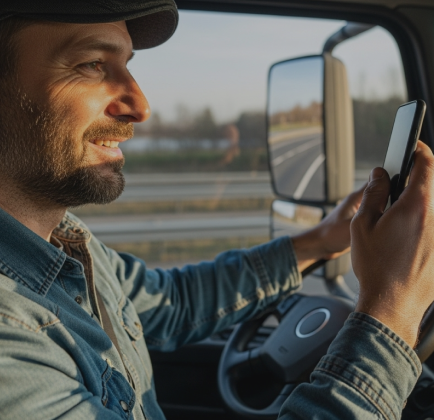Motorista olhando feliz para o celular